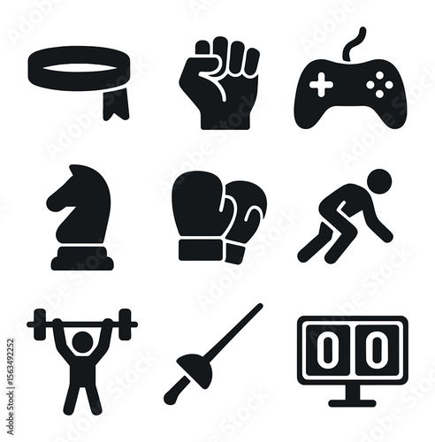 Competitive Spirit Icons. Solid, filled icons set of competitive spirit: headband, clenched fist, game