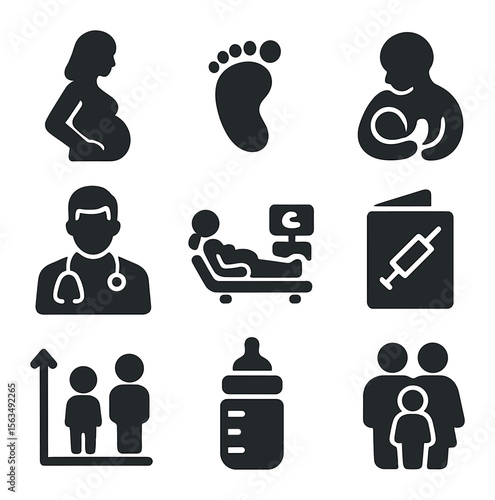Maternal Health Icons. Solid, filled icons set of maternal and child health: pregnant woman, baby footprint,