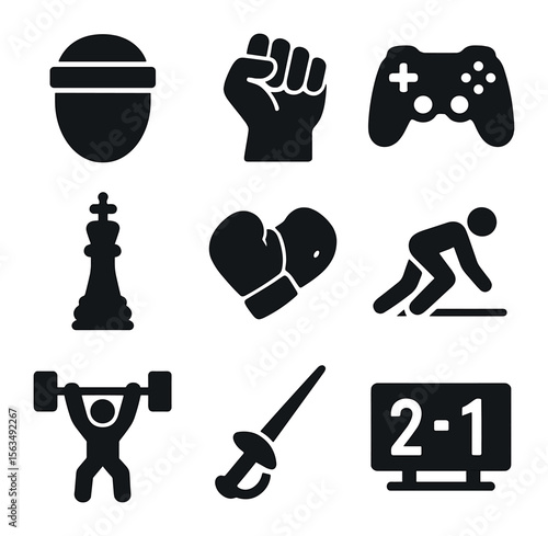 Competitive Spirit Icons. Solid, filled icons set of competitive spirit: headband, clenched fist, game