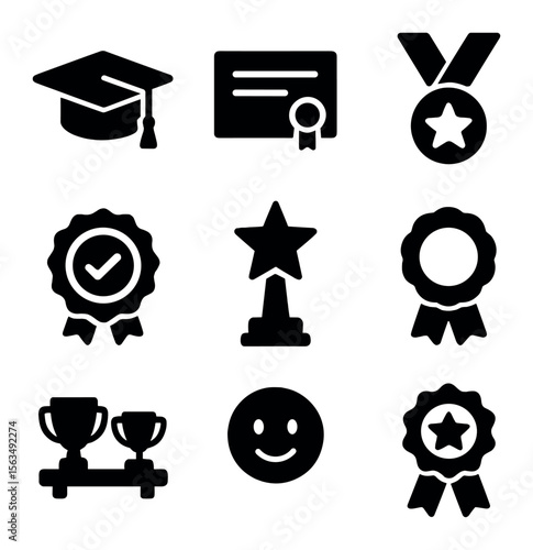 Personal Achievements Icons. Solid, filled icons set of personal achievements: graduation cap, certificate,