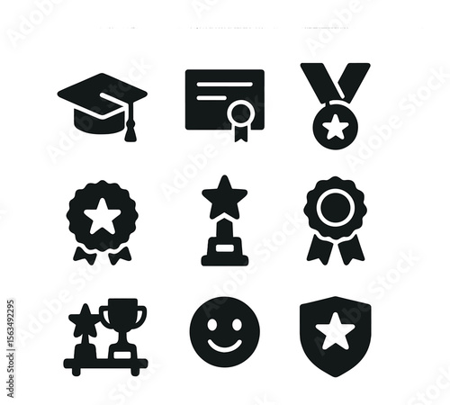 Personal Achievements Icons. Solid, filled icons set of personal achievements: graduation cap, certificate,