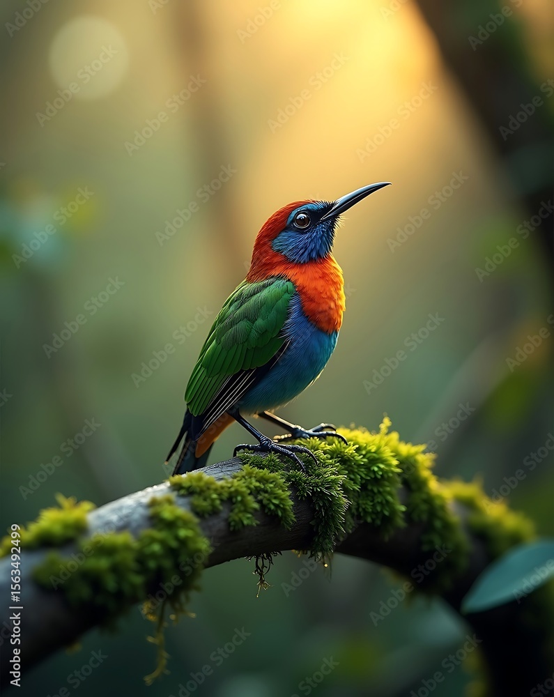 Obraz premium Crimson-Headed Blue-Throated Bird on Mossy Perch