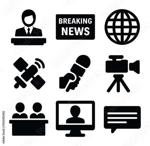 News Media Icons. Solid, filled icons set of news and media: news anchor, breaking news banner, globe icon,