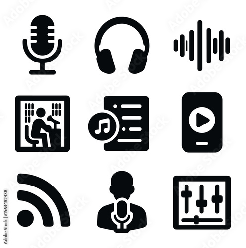 Podcasting Icons Set. Solid, filled icons set of podcasting: microphone, headphones, sound wave, recording