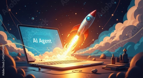 Rocket Launch From Laptop Symbolizing AI Agent and Assistant Autonomy in Digital Automation