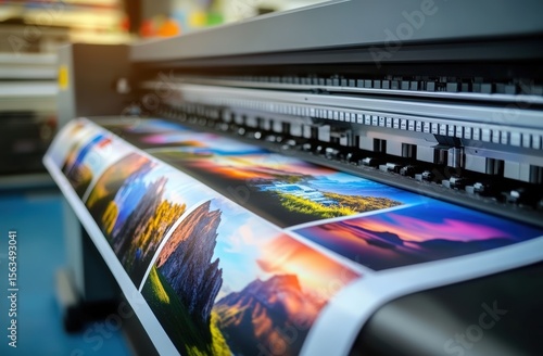 A large format printer producing vivid landscape photo prints with bright colors and sharp details.