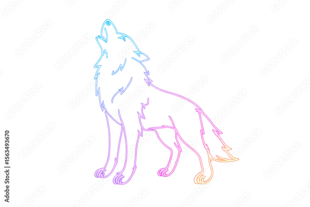 Fototapeta premium Glowing neon wolf silhouette howling, blended gradient of blue, purple, orange hues on transparent backdrop
