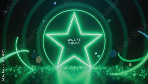 Bright neon green star stage design for award ceremony with circular lights
