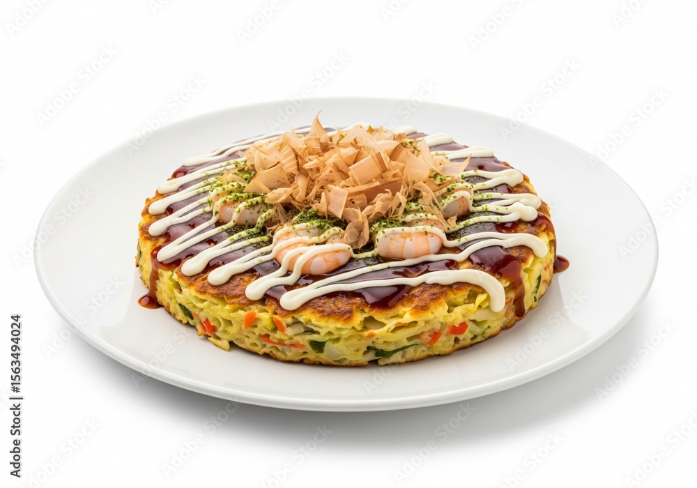 Okonomiyaki on a Plate on white background isolated Okonomiyaki on a Plate on white background isolated