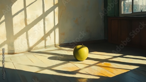 Sunlit Room, Green Apple, Wooden Floor, Window Shadows, Still Life