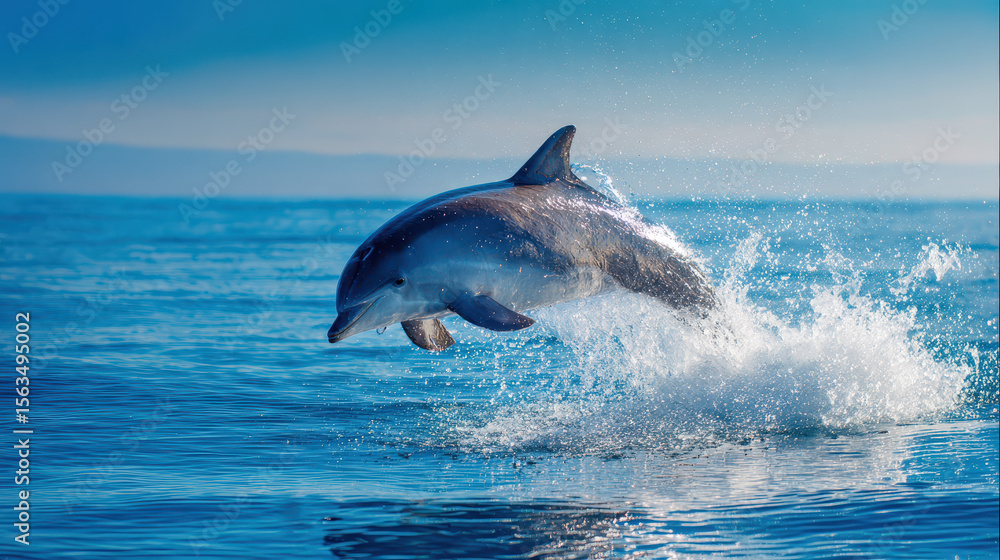 Naklejka premium Majestic Dolphin Leaping from Ocean Water under a Vivid Blue Sky