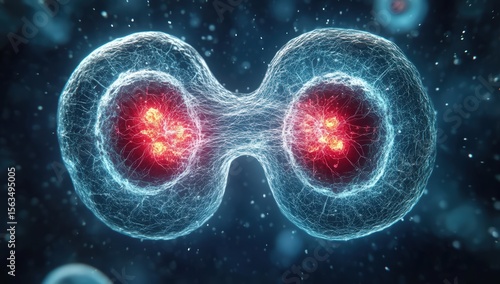 Fototapeta Naklejka Na Ścianę i Meble -  A detailed 3D illustration showing a cell undergoing mitosis, highlighting the division of the nucleus with glowing chromosomes.