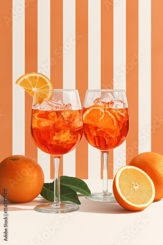 Illustration of Aperol spritz cocktails garnished with fresh orange slices served in elegant glasses against a playful striped orange-white backdrop