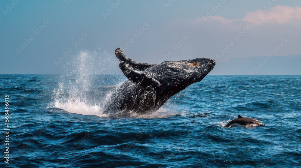 Fototapeta premium Massive Whale and Small Dolphin Interacting in the Ocean