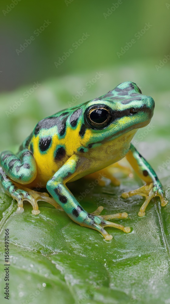 Obraz premium A poison dart frog resting on a green leaf with yellow and black markings in a close up shot view