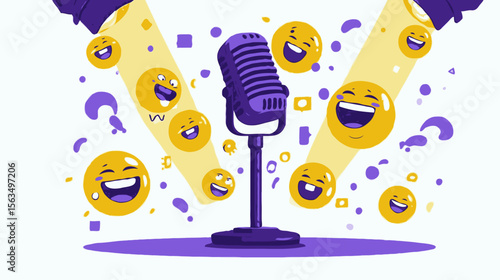Vector illustration of a retro microphone on stage with smiling emojis under spotlights