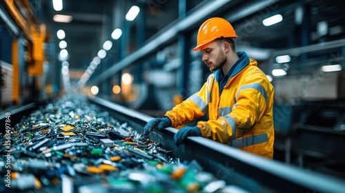 Wallpaper Mural Factory worker inspecting recycled electronics on conveyor belt Torontodigital.ca