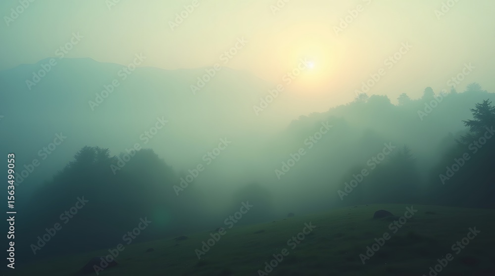 custom made wallpaper toronto digitalRolling hills are layered in a soft blanket of mist during a tranquil sunrise. A peaceful and atmospheric landscape with a moody, ethereal quality.
