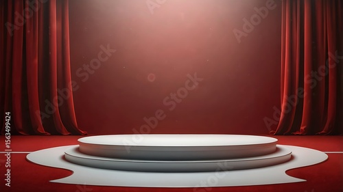 Elegant Stage Design Red Curtains and Circular Podium for Award Ceremony or Product Launch