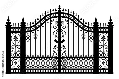 Elegant Black and White Silhouette of Ornate Wrought Iron Gate Design
