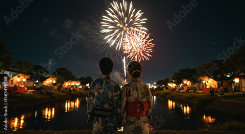 花火大会を楽しむ浴衣姿の若いカップル