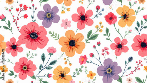 A vibrant floral pattern with a variety of colorful flowers and leaves on a white background. Assorted colorful floral on a white background