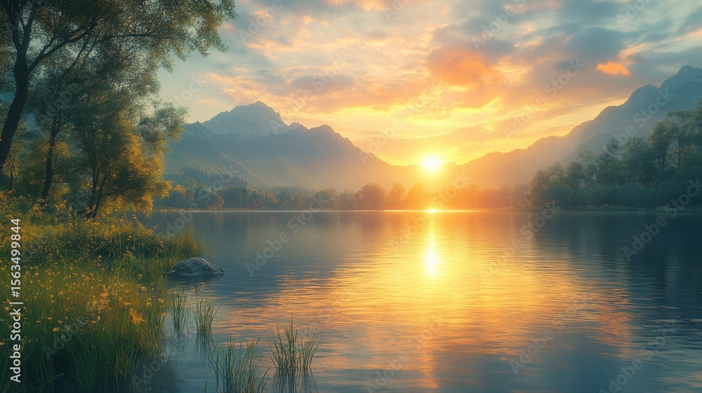 Fototapeta premium Golden Sunset Reflection on a Serene Mountain Lake Landscape landscape sunset lake reflection serene