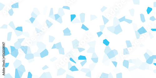 Abstract mosaic composition featuring light blue geometric shapes scattered across a white background suggesting modernity and innovation