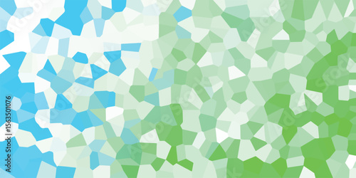 Abstract mosaic of polygonal shapes in shades of blue and green, evoking concepts of nature, growth, and technology against a simple backdrop.