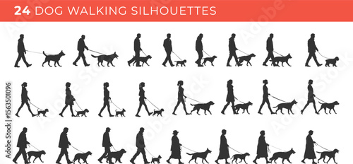 Set silhouettes of dog walking isolated on transparent background. Vector illustration