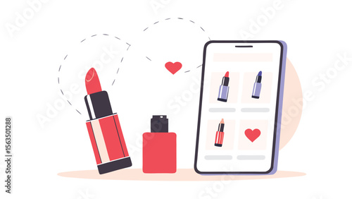 Illustration of lipstick, perfume, heart, and smartphone displaying beauty products online store page