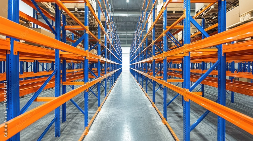 Fototapeta premium Empty warehouse with orange and blue shelves storing goods
