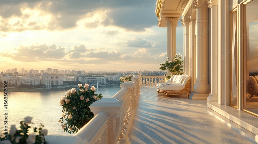 Fototapeta premium Luxury penthouse balcony sunset city view relaxation
