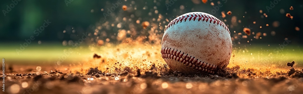 custom made wallpaper toronto digitalA close-up of a baseball on a dirt field with dirt particles flying around, capturing the dynamic motion and energy of the sport.