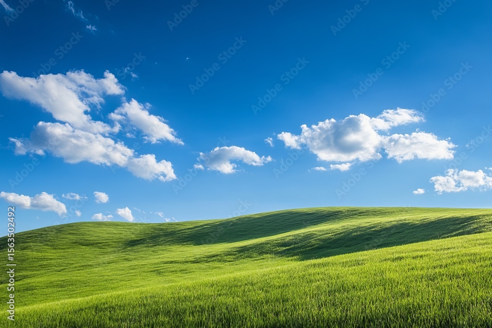 Fototapeta premium Peaceful green rolling hills under bright blue sky with fluffy white clouds, symbolizing freshness, freedom, and natural beauty