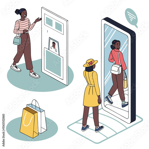 Virtual fitting room experience with women trying on clothes and shopping bags present in the scene