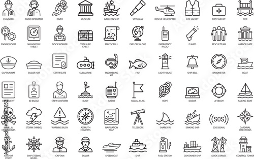 Nautical Icons Vector Set. Line Art Maritime Symbols.