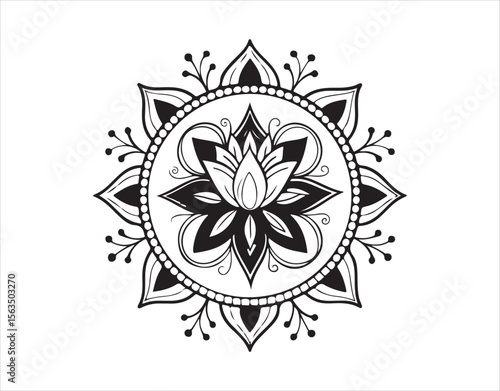 circular mandala pattern showcasing a lotus flower, ideal for Henna, Mehndi, tattoos, and decor. This ornament reflects an ethnic oriental vibe.