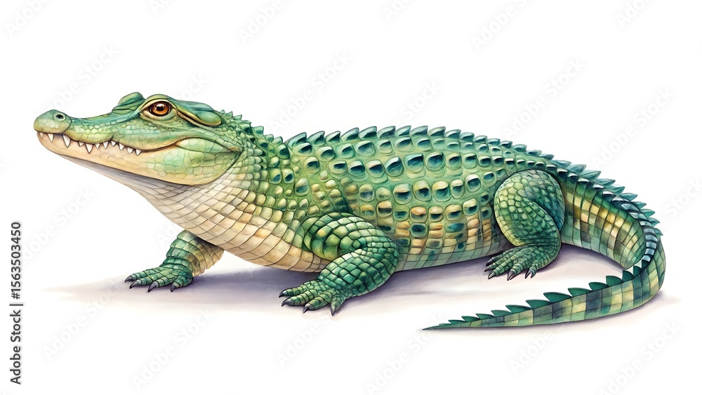 Fototapeta premium A detailed watercolor illustration of a green alligator with sharp teeth and orange eyes on a white background