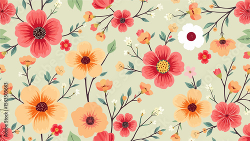 Seamless floral pattern, seamless pattern with poppies, Seamless floral pattern, Floral colorful seamless Pattern. Hand drawn Flowers and branches in Scandinavian style. Spring sum	