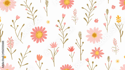 Seamless floral pattern, seamless pattern with poppies, Seamless floral pattern, Floral colorful seamless Pattern. Hand drawn Flowers and branches in Scandinavian style. Spring sum	
