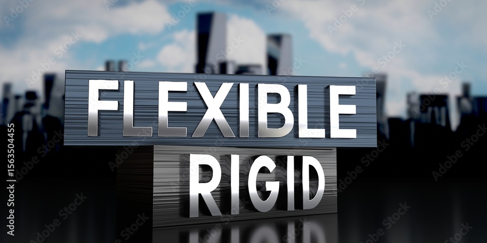 Fototapeta premium Flexible, rigid - metal blocks and skyscrapers - 3D illustration