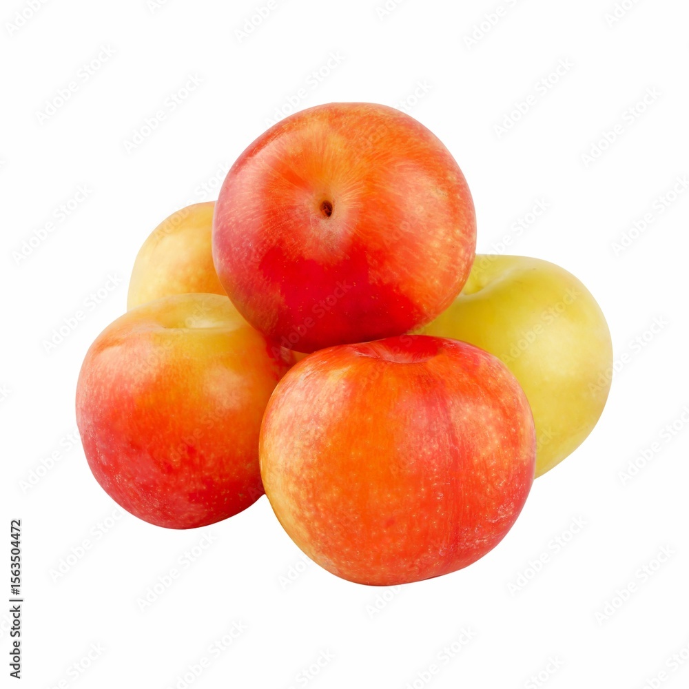 Close-up of fresh Alyanak plums with red and yellow hues isolated on a white background. Close-up of fresh Alyanak plums with red and yellow hues isolated on a white background.
