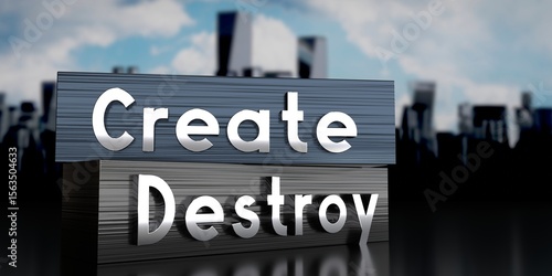 Valokuvatapetti Create, destroy - metal blocks and skyscrapers - 3D illustration