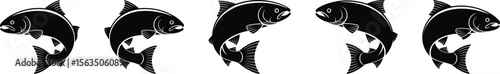 A set of five jumping carp or freshwater fish silhouette vector icons, showing dynamic movement for a fishing sport logo.