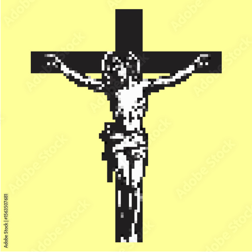 Pixel crucified Jesus vector, a solemn yet stylized representation of the crucifixion in retro pixel art. Ideal for religious themes, digital devotionals, or unique artistic interpretations.