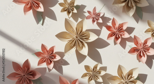 Top view of multicolored paper origami flowers on white background