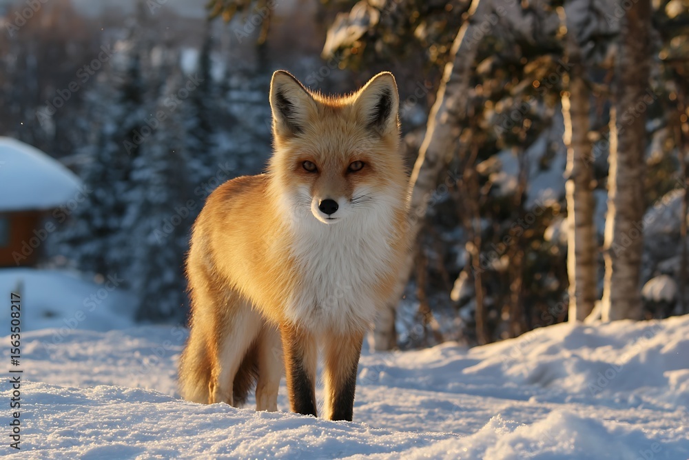 Naklejka premium Calm red fox in snowy mountain sunset landscape