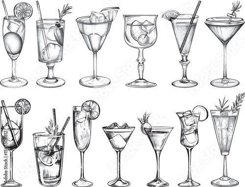 Cocktail Sketch Collection, Vector Illustration on White Background.