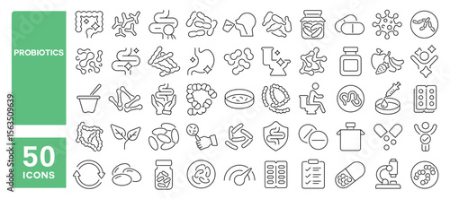 Set of 50 line icons related to probiotics, bacteria, intestines, microbe, digestion, prebiotic, Editable stroke. Vector illustration